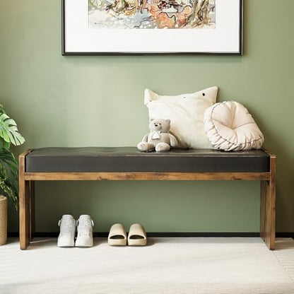 Upholstered Dining Bench with PU Leather Seat, Brown/Black