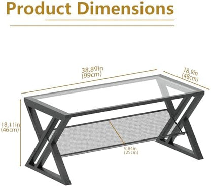Wolawu Glass Coffee Table Black Table Living Room Table with Storage Shelf