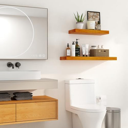 Floating Shelves, 9.3'' Deep Solid Pine Wood Wall Shelves for Storage, Wall Mounted Display Shelf with Invisible Heavy-Duty Metal Bracket, 24'' Width Set of 2, Honey Oak