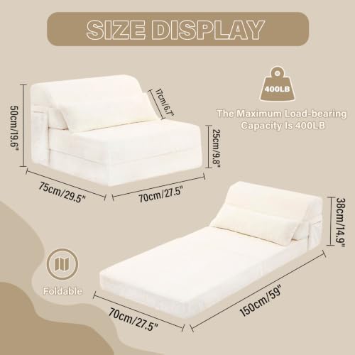 Tiita Convertible Folding Sofa Bed Single Size for Adults with Pillow, Plush Fabric Floor Mattress Couch Bed, Washable Cover & Side Pocket, Guest Room, Dorm, Apartment, Living Room, Beige