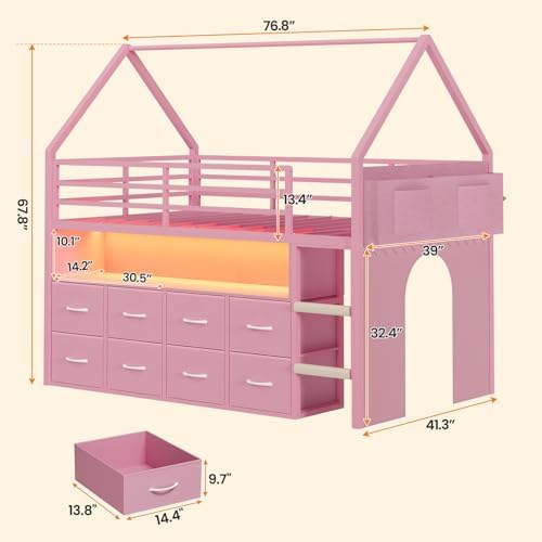 Low Loft Bed Twin Size with 8 Storage Drawers, LED House Loft Bed