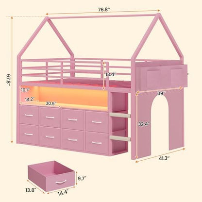 Low Loft Bed Twin Size with 8 Storage Drawers, LED House Loft Bed