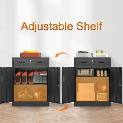 Wanfu Metal Storage Cabinet, 36" H x 28" W x 16" D Locking Cabinet with 1 Drawer and Adjustable Shelf, Metal Cabinets for Office, Garage, Home-Black