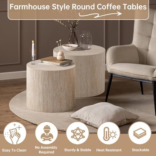 18" Round Travertine Nesting Coffee Table Set of 2 (Travertine)