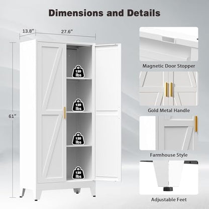 61" Tall Metal Pantry Cabinet, Kitchen Storage Cabinet with 2 Doors and 3 Adjustable Shelves for Kitchen, Living Room, Dining Room, Bathroom and Home, Office