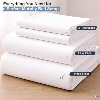 Cottington Lane White Sheets for Murphy Bed Mattress, 4 Piece Premium Ultra Soft Brushed Microfiber Twin Size Wall Bed Sheet Set, 6-10 Inch Deep Pocket with All-Around Elastic