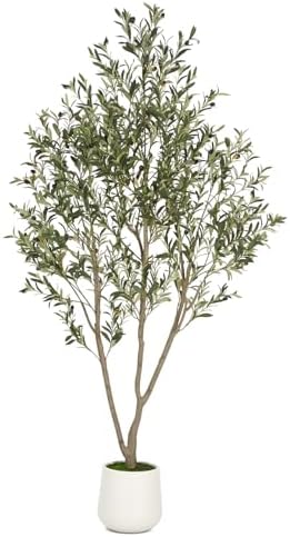 VIVATREES Olive Trees Artificial Indoor, 7FT Tall Faux Olive Tree with White Tall Planter, Artificial Plants with Natural Wood Trunk and Lifelike Fruits for Home Office Decor