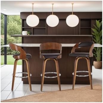 Armen Living Shelly 30" Seat Height Mid Century Modern Swivel Bar Stool for Kitchen Island Counter in Brown Faux Leather and Walnut Wood