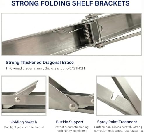 Stainless Steel Folding Shelf Brackets 20 Inch - Heavy Duty Wall Mount Brackets for Foldable Table, Collapsible Space-Saving Shelf Hinge, Rust-Resistant for Indoor Outdoor Use
