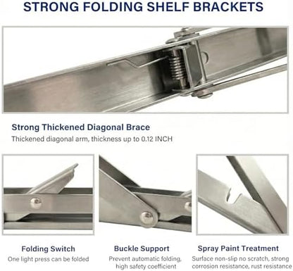 Heavy Duty 18 Inch Folding Shelf Brackets, 2-Pack Collapsible Wall Mounted Brackets, Stainless Steel Fold Down Support for Laundry Room, Kitchen, Closet - Space Saving Hardware
