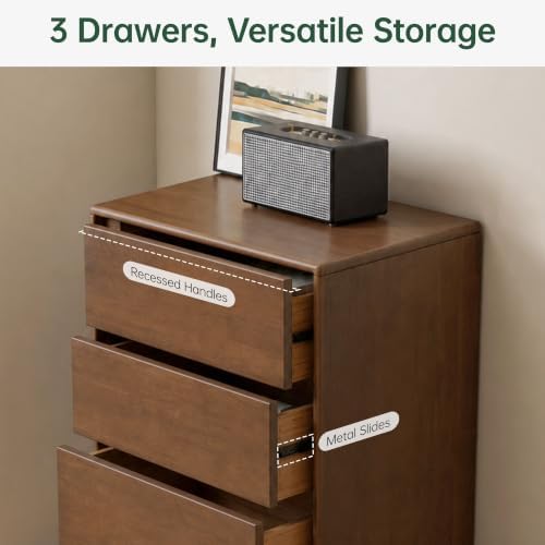 100% Solid Wood Nightstand, Wide Tall NightStand with 3 Drawers for Bedroom, Modern Design for Bedroom, Living Room, Closet, Walnut Rubber(23.93" W x 15.74" D x 29.52" H)