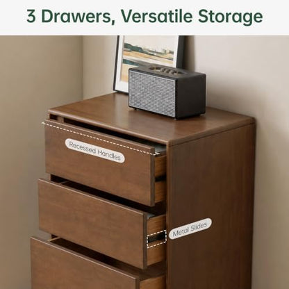 100% Solid Wood Nightstand, Wide Tall NightStand with 3 Drawers for Bedroom, Modern Design for Bedroom, Living Room, Closet, Walnut Rubber(23.93" W x 15.74" D x 29.52" H)