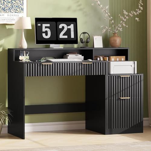 Vabches Fluted Computer Desk with Power Outlets, Home Office Desk with Drawers, Printer Stand, Wood Computer Desk with Long Monitor Stand, Black