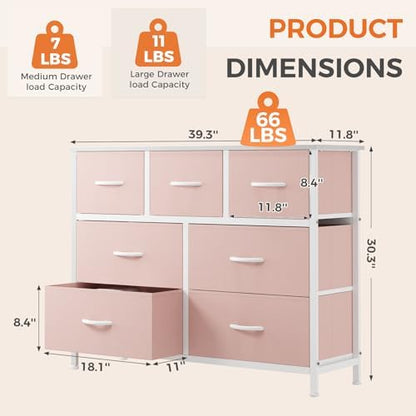 Sweetcrispy 7 Drawer Dresser for Bedroom Storage with Fabric Bins, Pink