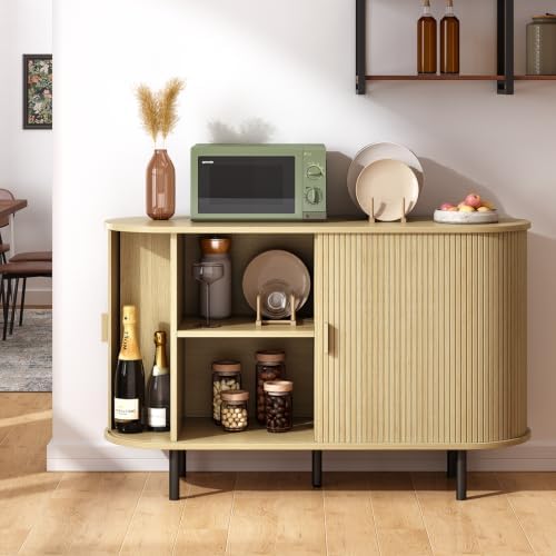 ONBRILL 48" Sideboard Buffet Cabinet, Sliding Door/Adjustable Shelf, Oak