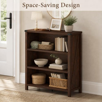 Small 3 Tier Bookshelf, Short Wood Bookcase, Brown Cherry, 36"