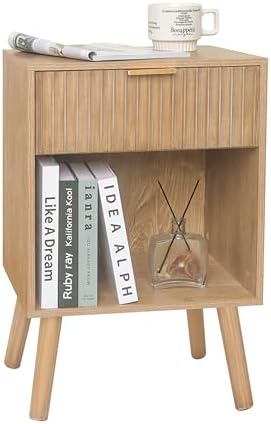 Fluted Night Stand, Modern Bedside Table with Drawer and Open Shelf