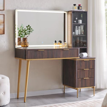 T4TREAM Fluted Makeup Vanity Desk with 36" HD Lighted Mirror, 48" Big Modern Vanity Desk with Mirror and Lights, Dressing Table with 5 Drawers & Shelves, Glass Top for Bedroom, Dark Walnut