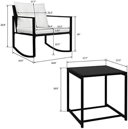 3 Pieces Patio Furniture Set, Outdoor Swivel Gliders Rocker, Glass Top Side Table and Thickened Cushions for Porch Deck Backyard (Black Vine)