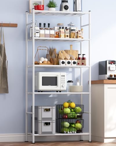 Storage Shelves - 5 Tier Shelf Organizer, Heavy Duty Garage Shelving Unit with Leveling Feet, Stable Metal Shelves Organizer for Pantry, Kitchen and Closet, 33.0" W x 12.6" D x 72.0" H, White