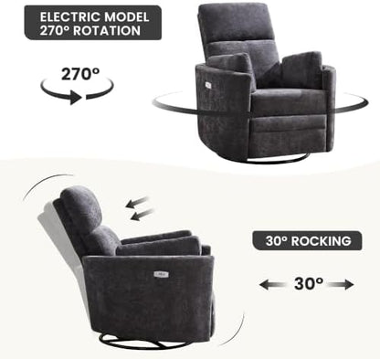 Power Recliner Nursery Swivel Rocking Glider Chair,Upholstered Electric Adult Nursing Recliner Rocker Chair with USB Port with 2 Pillows for Nursery Living Room Bedroom (Dark Grey,Power-Driven)