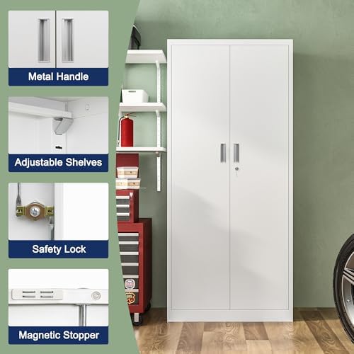 White Garage Storage Cabinet, 71" H Metal Storage Cabinet with 5 Adjustable Shelves, Locking Cabinets for Home, Office, Garage, School