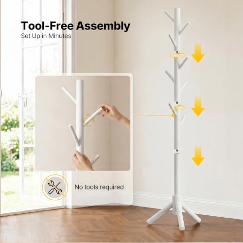 AMADA Solid Wooden Coat Rack Freestanding with 8 Hooks, White