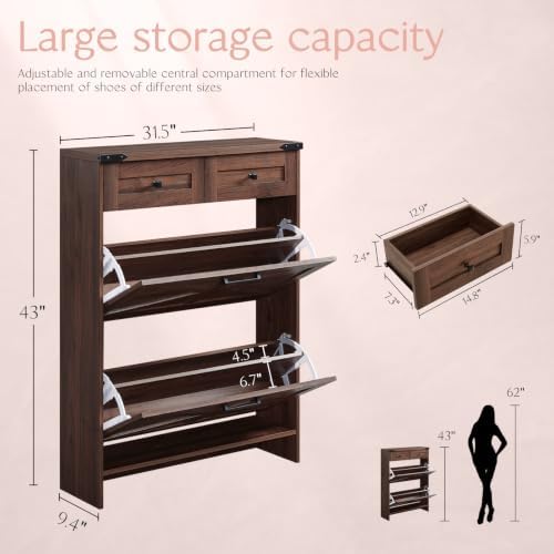 Barnyatoh Farmhouse Shoe Cabinet with 2 Flip Drawers & 2 Storage Drawers