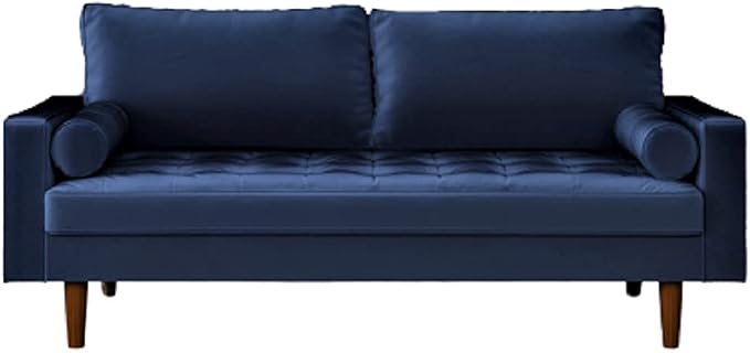 Container Furniture Direct Womble Mid Century Modern Soft Velvet Upholstered Tufted Seat with Bolster Pillows, Loveseat, Sofa, Misty Blue