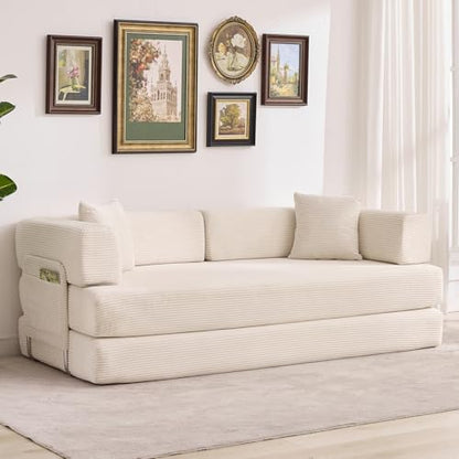 Garvee 5-in-1 Convertible Sofa Bed, 78.8" Modular Corduroy Sleeper with Sturdy Frame & No Assembly, Multi-Functional Futon for Small Space, Living Room & Guest Room (Green) (Beige)