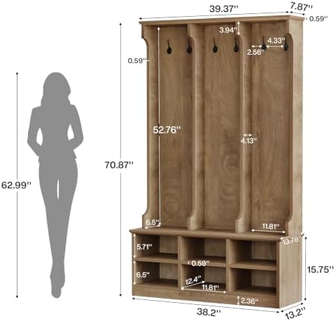 Tribesigns Hall Tree with Bench and Shoe Storage, Rustic Oak