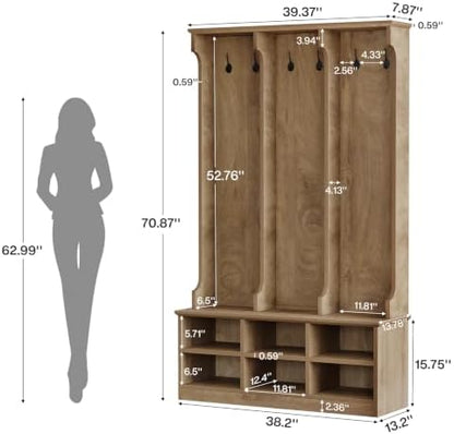 Tribesigns Hall Tree with Bench and Shoe Storage, Rustic Oak