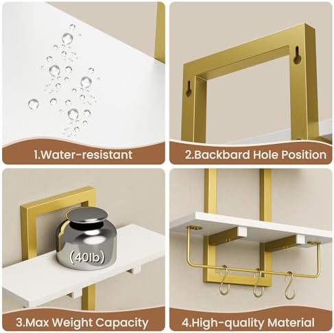Wood Floating Shelf with 6 Hooks, 15" Bathroom Shelves Set of 2