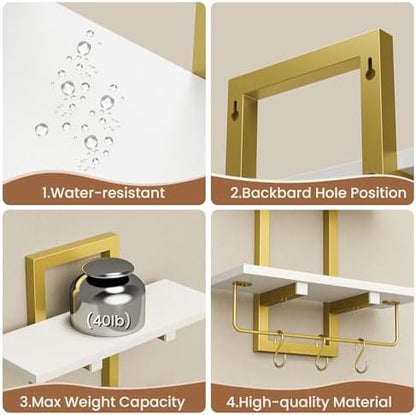 Wood Floating Shelf with 6 Hooks, 15" Bathroom Shelves Set of 2