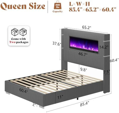 AMERLIFE Queen Bed Frame with Fireplace, Upholstered Headboard, Dark Gray