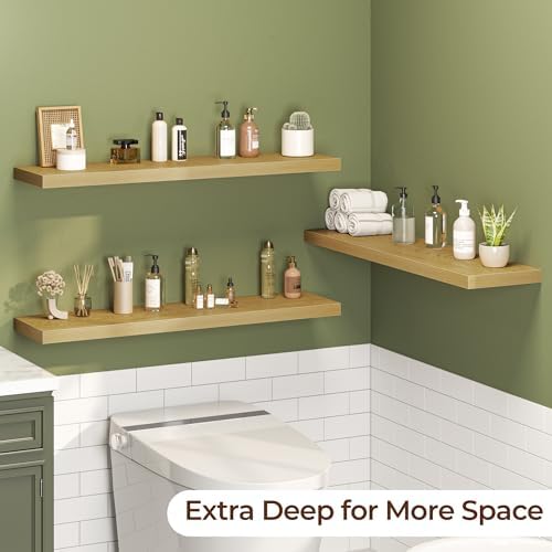 Floating Shelves for Wall 40 Inch Set of 3, Farmhouse Floating Shelves with Invisible Heavy Duty Bracket, 10 Inch Deep Bathroom Shelves for Storage, Living Room, Kitchen, Decor, Oak