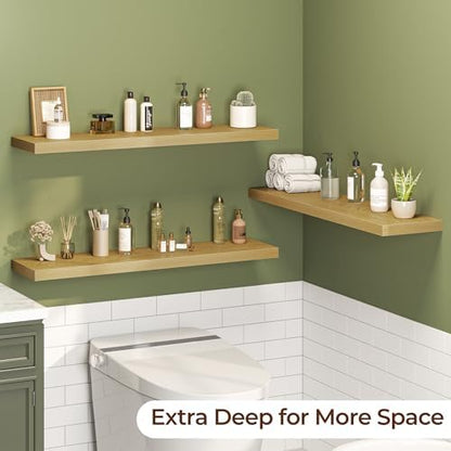 Floating Shelves for Wall 40 Inch Set of 3, Farmhouse Floating Shelves with Invisible Heavy Duty Bracket, 10 Inch Deep Bathroom Shelves for Storage, Living Room, Kitchen, Decor, Oak