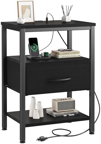 DUMOS Nightstand with Charging Station, Bedside Table with Fabric Drawers