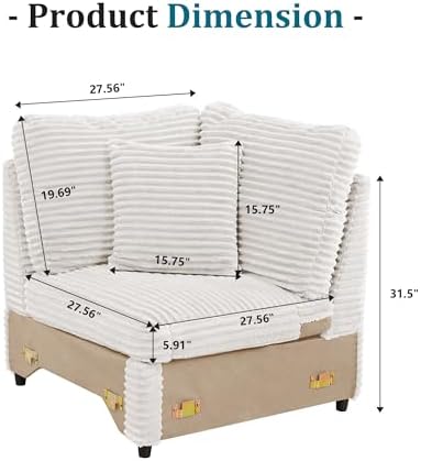 ORRD Modern Corner Sofa Seat with 2 Pillows for Modular Sectional Couch for Living Room-White