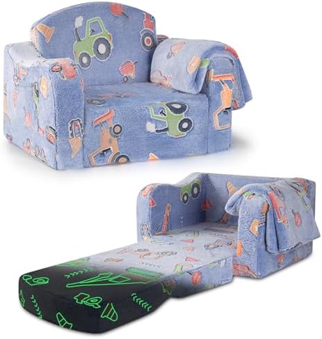 Comfy Kids Sofa Chair, 2-in-1 Fold Out Couch with Blanket