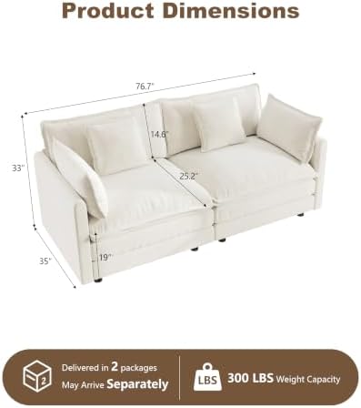 76.7" Cloud Couch for Living Room, Deep Seat Loveseat Sofa, Beige