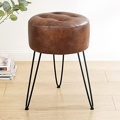 LUE BONA Reddish Brown Vanity Stool Chair for Makeup Room, Tufted Faux Leather Stool for Vanity, 19 inch Height, Vanity Chair with Metal Legs, Modern Foot Ottoman for Bedroom, Living Room