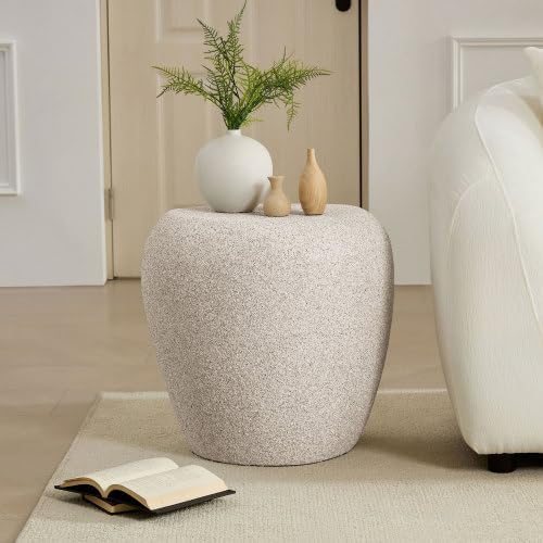 Modern Side Table, Faux Stone Round End Table, Accent Irregular Bedside Table for Bedroom, Living Room, Home Office, No Need Assembly, Cream White