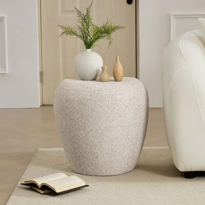 Modern Side Table, Faux Stone Round End Table, Accent Irregular Bedside Table for Bedroom, Living Room, Home Office, No Need Assembly, Cream White