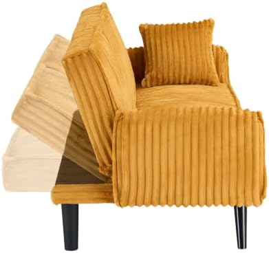 Corduroy Futon Sofa Bed, Convertible Couch with Cup Holders, Yellow