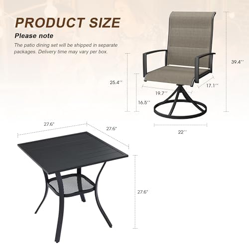 3PCS Outdoor Dining Set, 27.6" Square Table, 2 Swivel Chairs, Brown