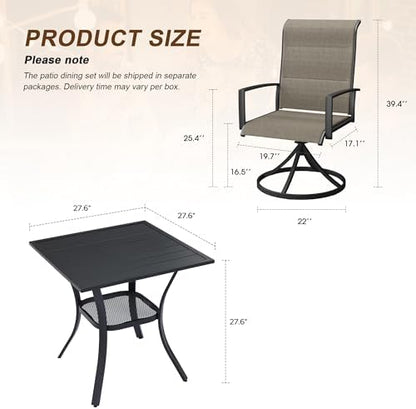 3PCS Outdoor Dining Set, 27.6" Square Table, 2 Swivel Chairs, Brown