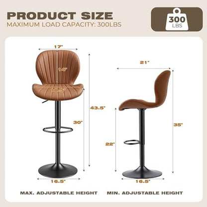 Bar Stools Set of 4, Modern Swivel Adjustable Bar Chairs, Faux Leather Upholstered Counter Height Bar Stools with Backrest, Comfort Barstools for Kitchen Island, Home Bar, Brown