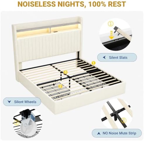 SHA CERLIN Queen Upholstered Platform Bed Frame with 3 Spacious Storage Drawers, Built-in LED Lights & Charging Station, Vertical Tufted Headboard with Shelf, No Box Spring Needed, Chenille White