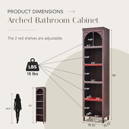 IFBUY 76" Arched Bathroom Storage Cabinet, Narrow Arched Cabinet, Brown